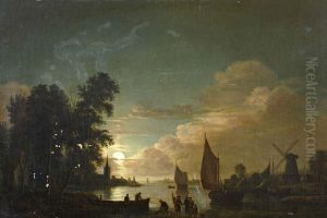 Dorpje En Figuren Aan De Rivier Bij Maanlicht by Jacobus Theodorus Abels