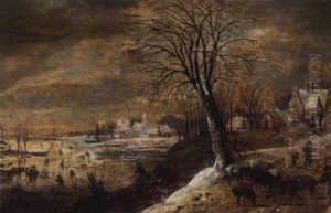A Winter Landscape With Herders And Other Figures, Skaters On A Frozen River Beyond by Denis van Alsloot