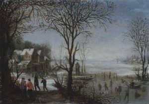Winter Landscape With Sportsmen And Skaters Near A Village by Denis van Alsloot
