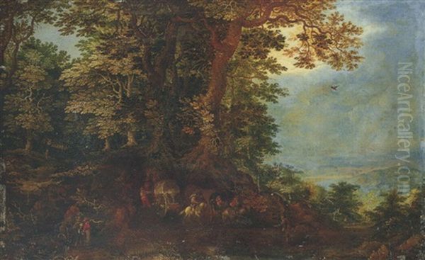 An Extensive Landscape With Travellers And Wagons On A Forest Path - view 1