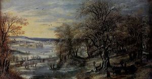 An Extensive Landscape With Travellers On A Path, A Large Building On A Lake And A Village Beyond An Extensive Landscape With Travellers On A Path, A Large Building On A Lake And A Village Beyond