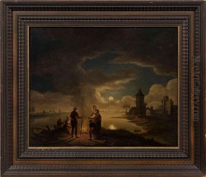 Mondscheinlandschaft Mitfischern Am Lagerfeuer