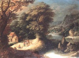 A Wooded Landscape With Figures On A Country Path by Denis van Alsloot