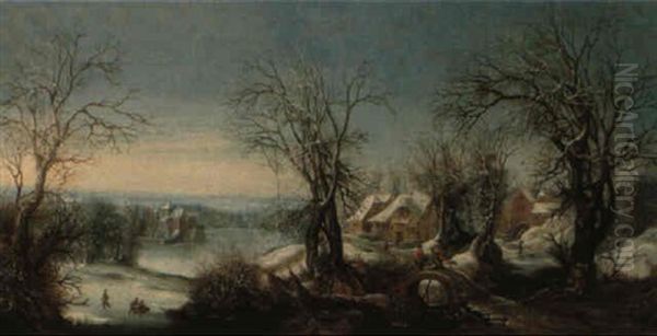 A Winter Landscape With Figures On A Road Near A Village - view 1