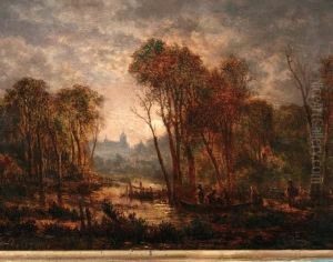 Maanverlicht Bosven Met Figuren In Een Boot by Jacobus Theodorus Abels
