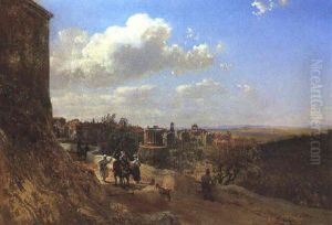 Ansicht Von Tivoli Mit Dem Tempel Der Vesta Bei Rom Und Fernblick Auf Die Romische Campagna by Rudolf von Alt