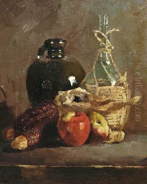 Stillleben Mit Apfeln, Mais, Krug Und Korbflasche - view 1