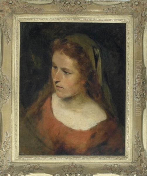 Portrait Eines Jungen Madchens Im Roten, Schulterfreien Kleid Mit Schleier Uber Den Langen, Offenen Haaren - view 1