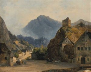 Dorfansicht Mit Kutsche Und Heuwagen Dorfansicht Mit Kutsche Und Heuwagen