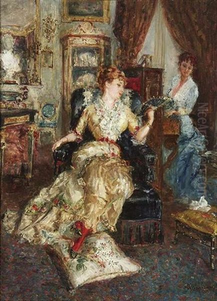 Musikstunde. Im Prachtigen Salon Eines Hauses Lauscht Eine Dame Dem Klavierspiel Einer Freundin - view 1