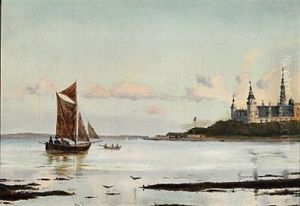 View Of Oresund With Kronborg Castle, In The Foreground Men Rowing