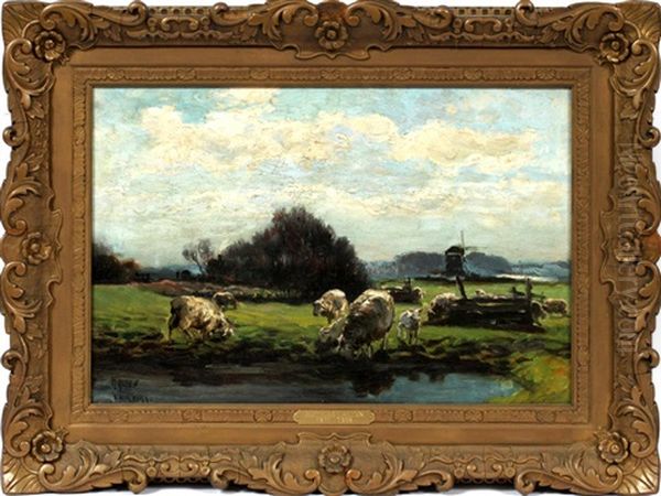 Sheep By Pond With Windmill - view 1