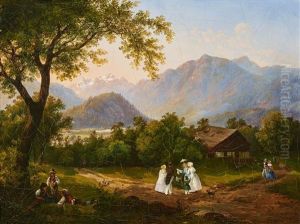 Promenaders At The Foothills Of The Alps by Joseph Altenkopf