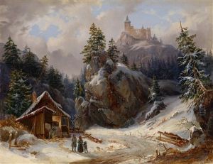Begegnung In Winterlandschaft Unter Einer Burgruine by Joseph Altenkopf