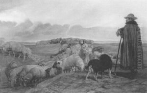 Schafer Mit Herde In Hugellandschaft by Wilhelm Altheim