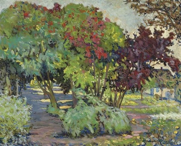 A Flowering Garden With Trees In The Summer - view 1
