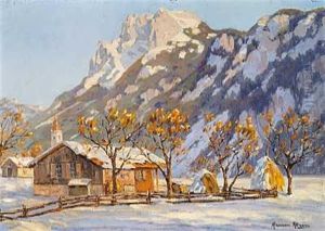 Winter Landscape With Houses And A Small Church Sheltered By Mountains by Alexandre Altmann