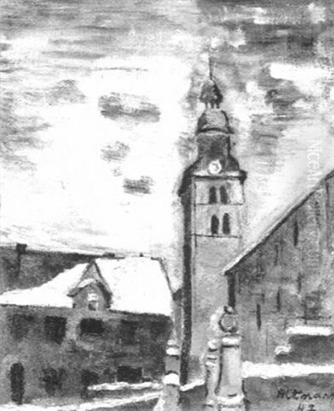 Dorfplatz Mit Kirchturm Im Winter - view 1