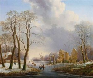 A Dutch Winter Landscape With Figures On A Frozen River