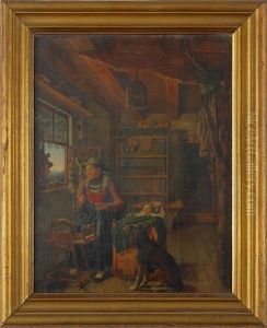 Interior With A Woman At Her Spinning Wheel by Karl Altmann