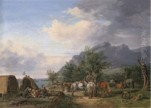 An Encampment By A River In A Mountainous Landscape - view 1