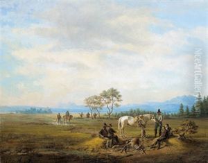 Rast Der Jagdgesellschaft - Blick Von Der Herreninsel Am Chiemsee Zur Fraueninsel by Karl Altmann