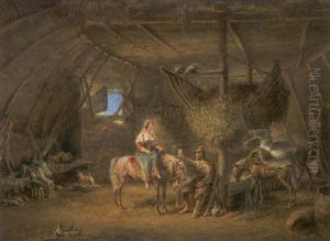Schone Frau Zu Besuch Bei Hirten Im Stall by Karl Altmann
