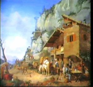 K.u.k.- Zollamt Auf Der Tiroler Passhohe, Davor Reisende Mit Pferden Und Maultieren Bei Der Rast by Karl Altmann