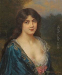 Portrait Of A Girl Wearing A Blue Dress Decorated With A Rose