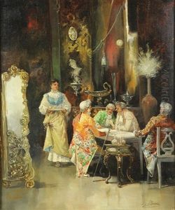 Parlor Scene With Figures Playing Cards by Luis Alvarez Catala