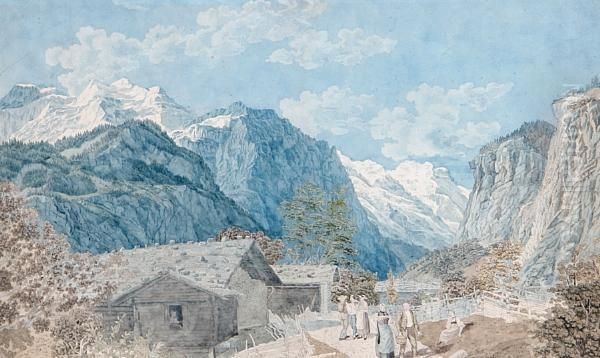 View Across The Interlaken Valley From Near Murren Towards The Jungfraujoch And The Eiger by Johann Ludwig Aberli