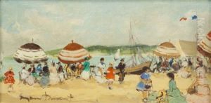 Untitled (beach Scene With Boat And Flag)