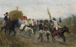 Erntedankzug. Spanische Gesellschaft Mit Musikanten Und Jungen Frauen Auf Ihren Eseln by Eugenio Alvarez Dumont