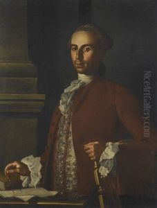 Portrait Of An Architect, Half-length, In A Red Coat And White Stock, Holding A Compass, Standing Before A Column
