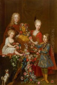 Portrait Of Four Children Of A Noble Family With A Bust Of Flora by Carlo Amalfi