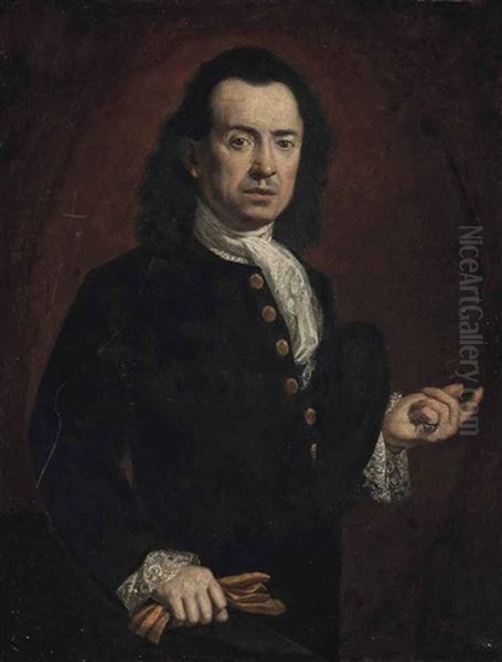 Portrait Of A Gentleman, Half-length, In A Black Coat, With A White Stock And Lace Cuffs, With Gloves In His Right Hand - view 1