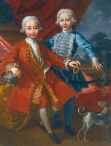A Portrait Of Two Elegantly Dressed Boys In An Interior Playing With A Dog by Carlo Amalfi