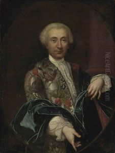 Portrait Of A Gentleman In A Grey Silk Jacket, Richly Embroidered With Flowers, Lace Collar And Cuffs, And A Blue Wrap