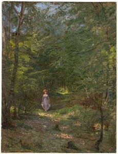 Sommerliches Waldstuck Bei Misdroy Mit Einer Jungen Frau Im Violetten Kleid by Wilhelm Amberg