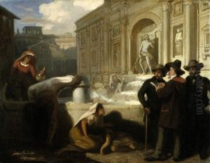 Selbstbildnis Mit Kunstlerfreunden An Der Fontana Di Trevi In Rom by Wilhelm Amberg