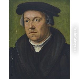 Portrait Of A Townsman, Head-and-shoulders (to The Left) Wearing A Black Cloth Cap, Black Cloak And Ruffled Collar, Before A Green Background