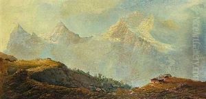 Alm In Hochgebirge Vor Eiger, Monch Und Jungfrau by Gustave Adolph Amberger