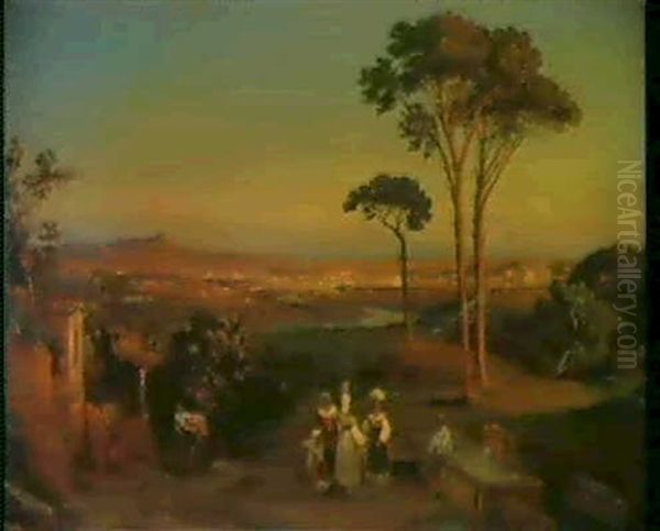 Italienskt Landskab Med Kvinder Ved                         Brond, Udsigt Mod Rom - view 1