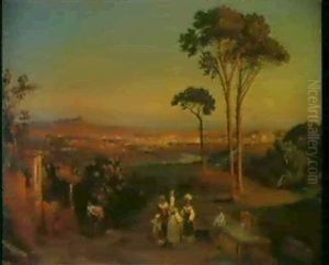 Italienskt Landskab Med Kvinder Ved Brond, Udsigt Mod Rom by Gustave Adolph Amberger