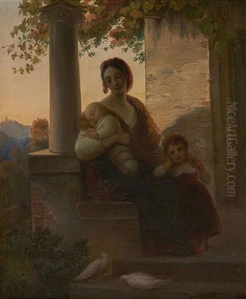 Junge Italienerin Mit Zwei Kindern Vor Dem Haus - view 1