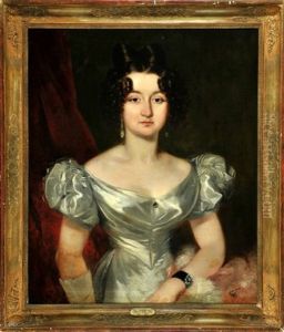 Halbportrait Einer Dame Im Silberfarbenen Kleid Vor Rotem Vorhang