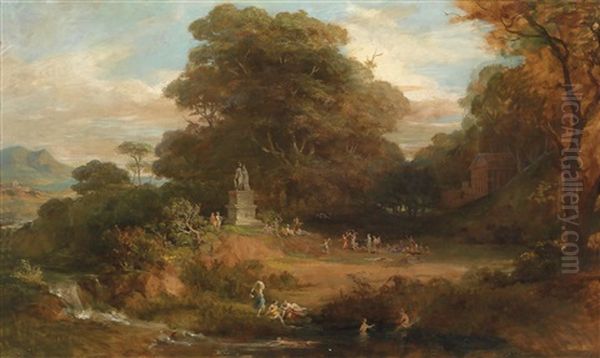 Grose Ideale Griechische Landschaft, Im Hintergrund Gotterstand Auf Hohem Postament, Rechts Im Hintergrund Ein Tempel, Der Hain Belebt Mit Tanzenden Und Badenden Nymphen - view 1