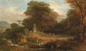 Grose Ideale Griechische Landschaft, Im Hintergrund Gotterstand Auf Hohem Postament, Rechts Im Hintergrund Ein Tempel, Der Hain Belebt Mit Tanzenden Und Badenden Nymphen by Friedrich von Amerling