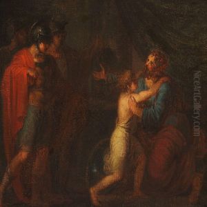Two Roman Warriors Watching A Seated Man Embracing A Child