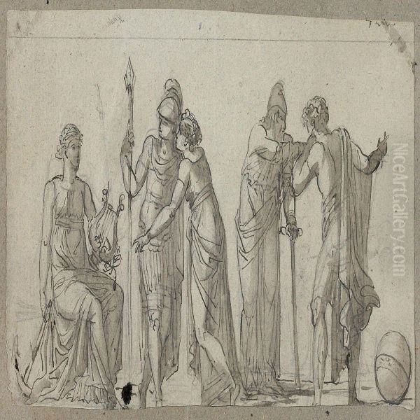 Classical Scene With A Woman With A Harp And An Anchor And Four Figures In Classical Dresses - view 1